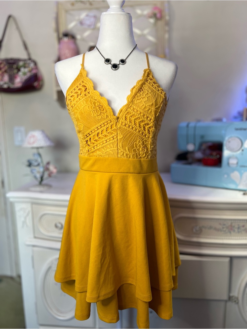 Windsor Mustard Yellow Lace Bodice Skater Dress